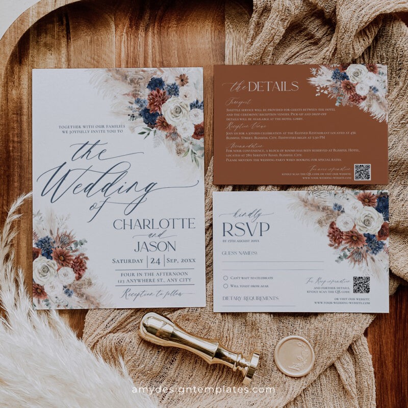 Chic Navy Blue Rust Wedding Invitation Template, Boho Wedding Invitation Sets With RSVP Editable navy blue rust wedding invitation card set with pampas grass and boho floral accents, perfect for fall weddings and rustic themes.