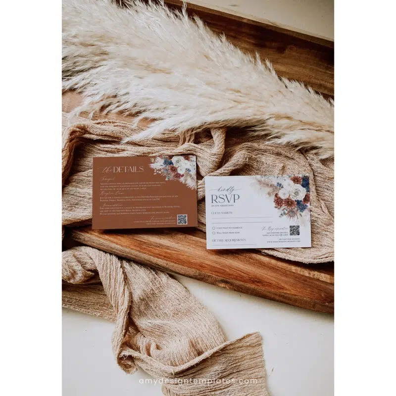 Boho RSVP enclosure card template with pampas grass, navy blue and rust tones, featuring QR code for wedding guests to respond online.