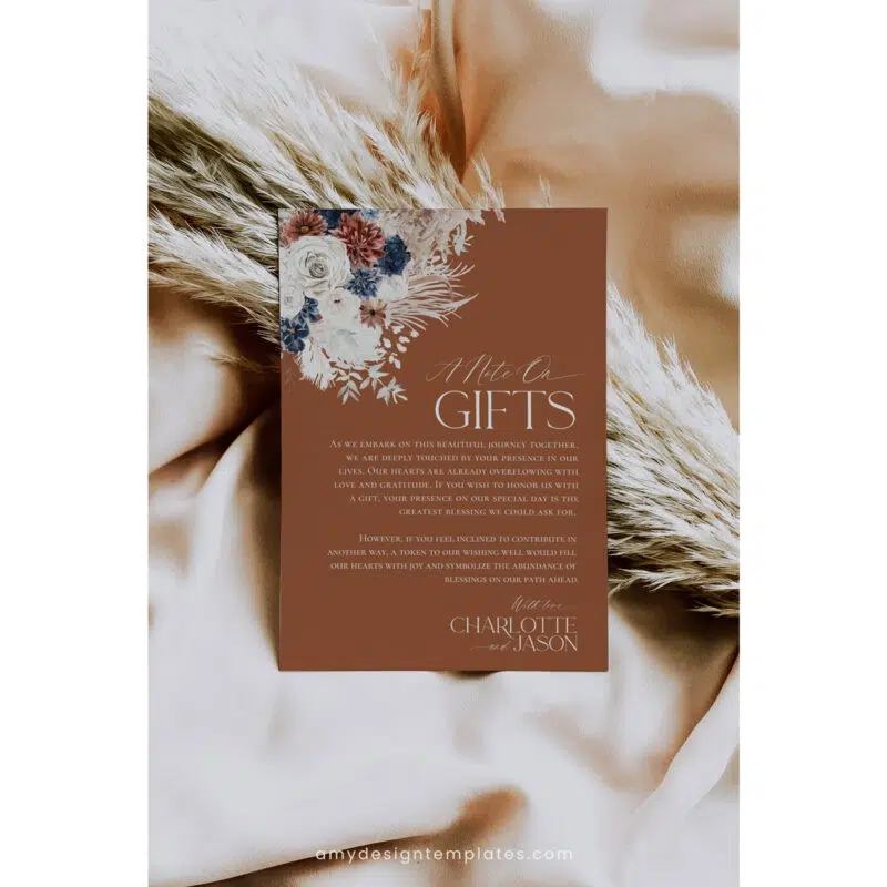 Rust-colored boho wedding wishing well card with pampas grass and neutral florals, designed for printable use with rustic fall invitation suites.