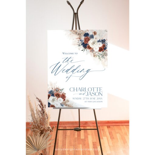 Navy Blue and Rust Wedding Signage Template, Terracotta Wedding Sign Templates