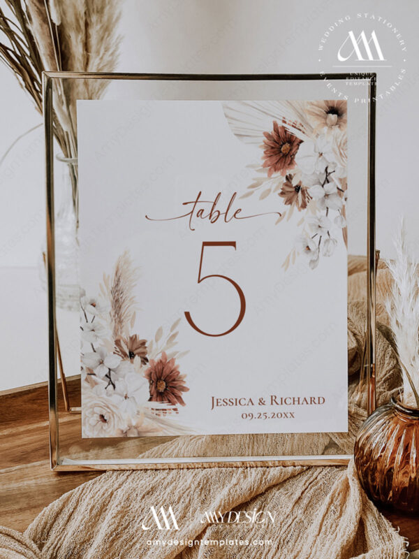 Boho Terracotta Wedding Table Number Template | Bohemian Table Number Card Printable Editable