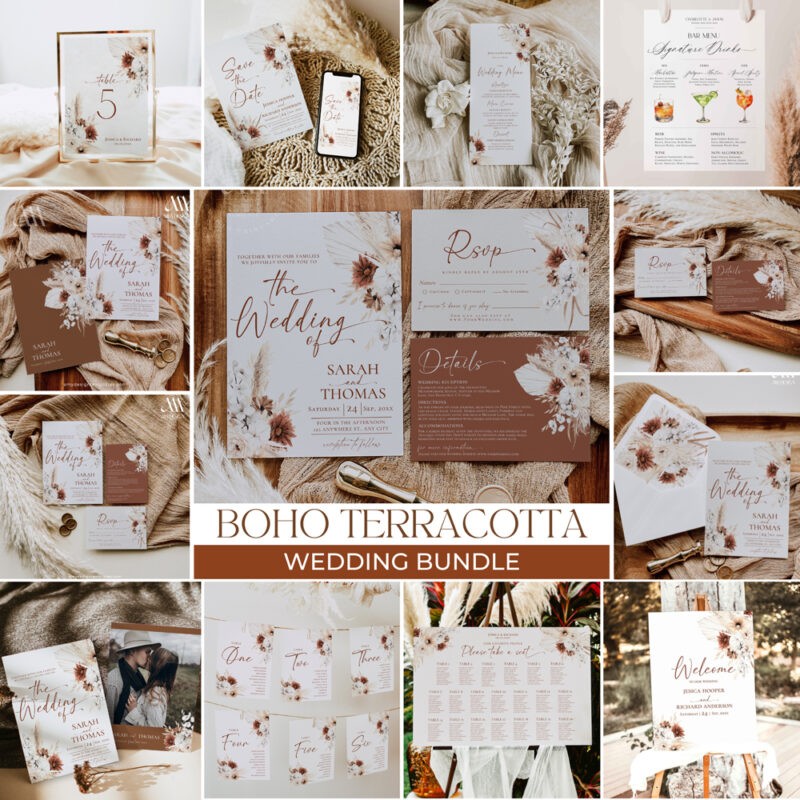 Boho Wedding Invitation Bundles, Terracotta Wedding Bundle Templates Reception