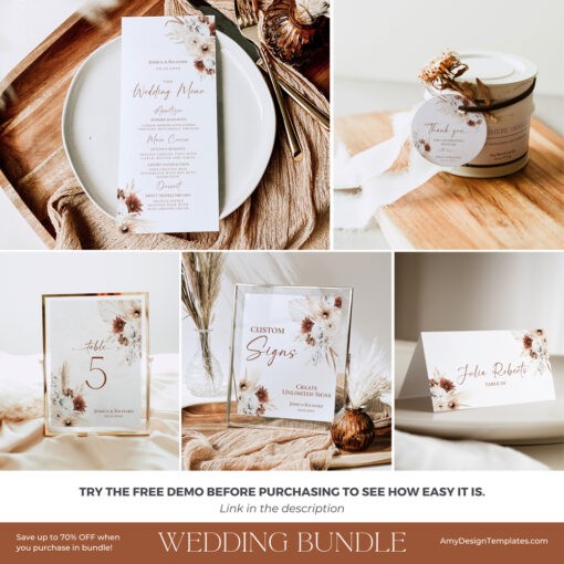 Boho Wedding Invitation Bundle, Terracotta Wedding Bundle Template, Boho Rust Wedding Signs Bundle, Bohemian Wedding Invite Bundle D021