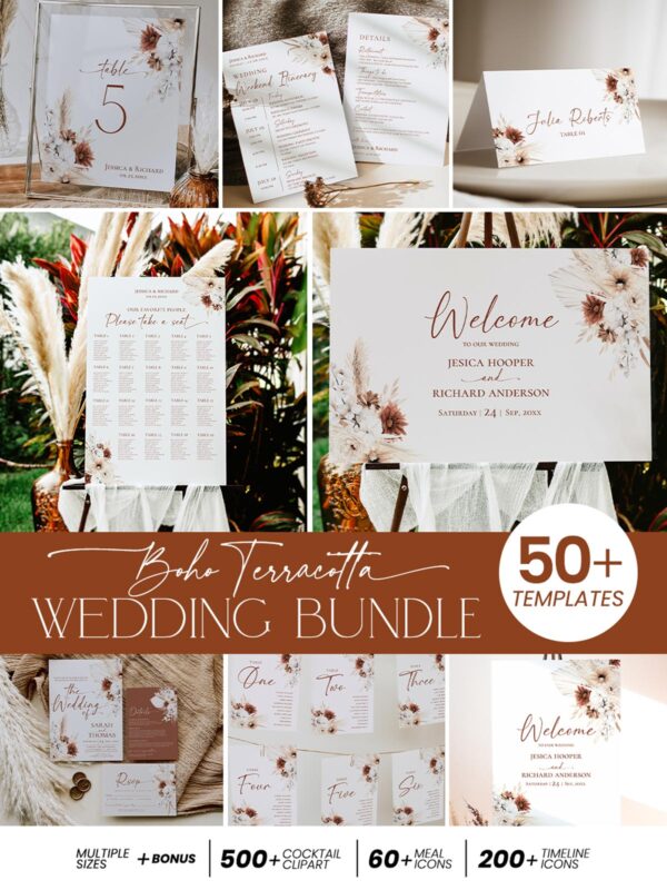 Boho Terracotta Wedding Invitation Bundles Template