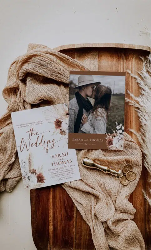 Boho Terracotta invite template with pampas grass and roses – front and back design