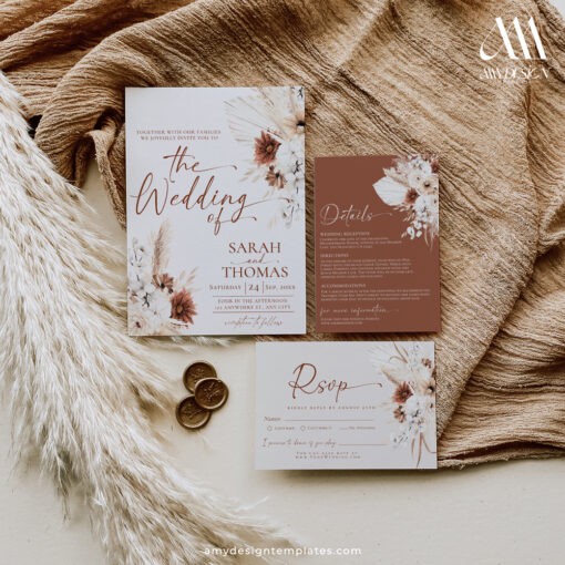 Terracotta Wedding Invitation Template, Boho Wedding Invitations