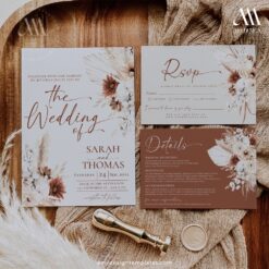 Boho terracotta wedding invitation suite with pampas and dried flowers