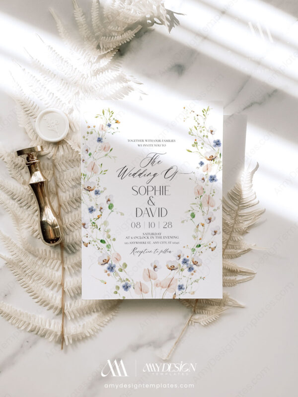 Botanical Wedding Invite Template | Wildflower Wedding Invitation Card | Elegant Wedding