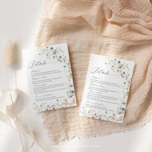 Enclosure Card Template Wildflower Wedding Printable, Wedding Details Card Editable Template