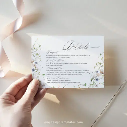 Enclosure Card Template Wildflower Wedding Printable, Wedding Details Card Editable Template