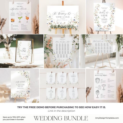 Wildflower Wedding Bundle Template, Botanical Wedding Bundle Template, Wildflower Wedding Template, Elegant Wedding Bundles Template D023