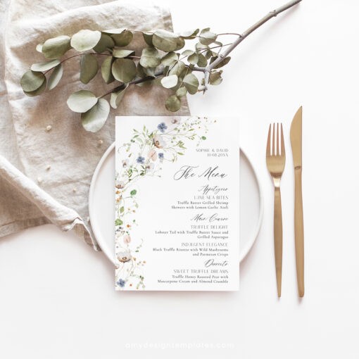 Wildflower Shower Menu Place Card Template, Wildflower Wedding Menu Cards, Botanical Wedding Thank You Place Card Editable Printable D023