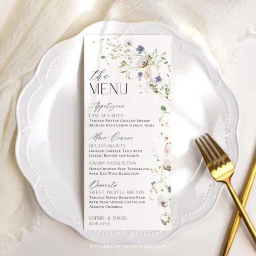 Wildflower Shower Menu Place Card Template, Wildflower Wedding Menu Cards, Botanical Wedding Thank You Place Card Editable Printable D023