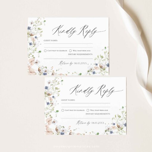 RSVP Card Template QR Code, Kindly Response Cards Printable Wildflower Wedding Template