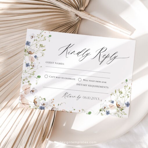 RSVP Card Template QR Code, Kindly Response Cards Printable Wildflower Wedding Template