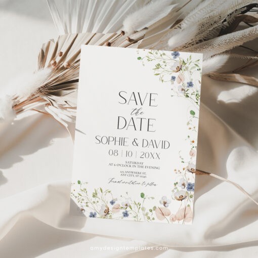 Wildflower Save The Date Card Template, Botanical Save The Date Evite, Floral Wedding Save The Date Cards Editable Printable Download D023