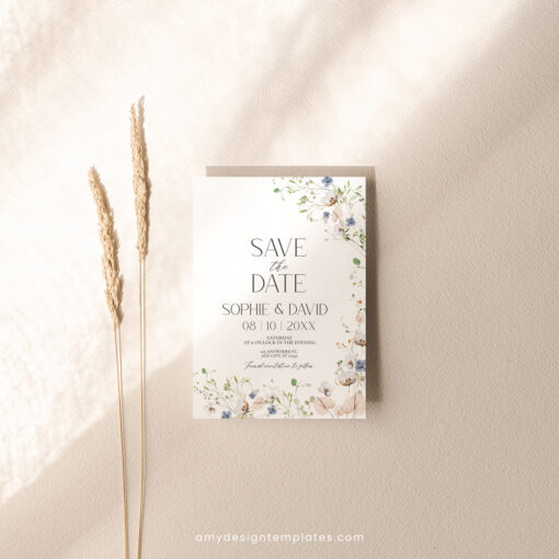 Wildflower Save The Date Card Template, Botanical Save The Date Evite, Floral Wedding Save The Date Cards Editable Printable Download D023