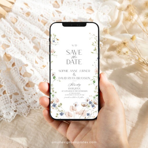 Wildflower Save The Date Card Template, Botanical Save The Date Evite, Floral Wedding Save The Date Cards Editable Printable Download D023