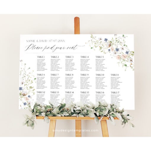 Wedding Seating Chart Sign Template, Table Seating Chart Sign, Botanical Wedding Seating Chart, Wildflower Seating Chart Sign D023