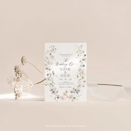 Botanical Wedding Invitation Template, Wildflower Wedding Invites Printable, Elegant Minimalist Wedding Invitation Card Amy Design Templates D023
