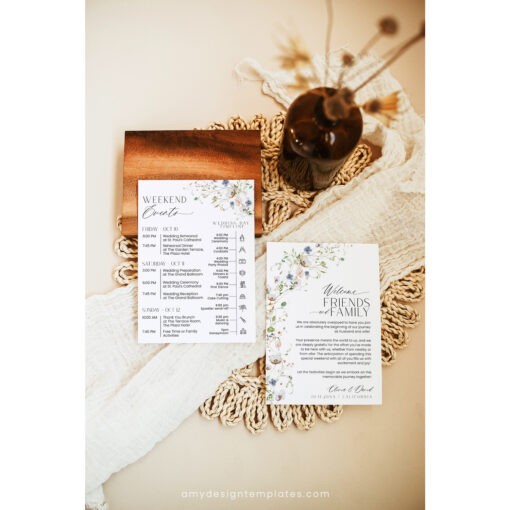 Wildflower Wedding Itinerary Template, Wedding Weekend Itinerary Editable, Welcome Bags Note Timeline Schedule Minimalist Template Amy Designs Templates