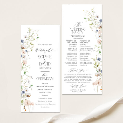 Wildflower Wedding Program Template, Modern Order of Service, Catholic Ceremony Editable, Wedding Ceremony Program Template D023