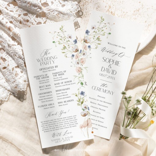 Wildflower Wedding Program Template, Modern Order of Service, Catholic Ceremony Editable, Wedding Ceremony Program Template D023