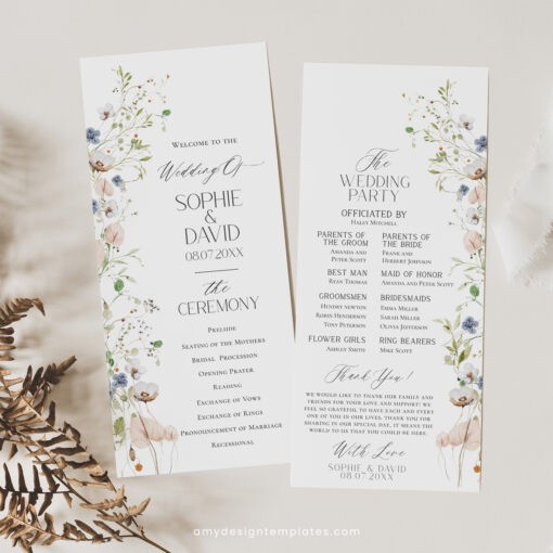 Wildflower Wedding Program Template, Modern Order of Service, Catholic Ceremony Editable, Wedding Ceremony Program Template D023