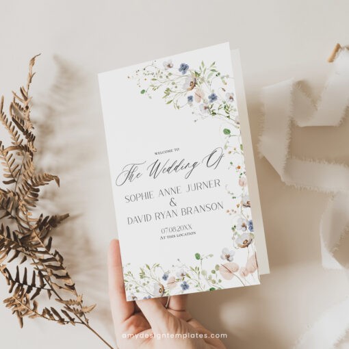 Wildflower Wedding Program Template, Modern Order of Service, Catholic Ceremony Editable, Wedding Ceremony Program Template D023