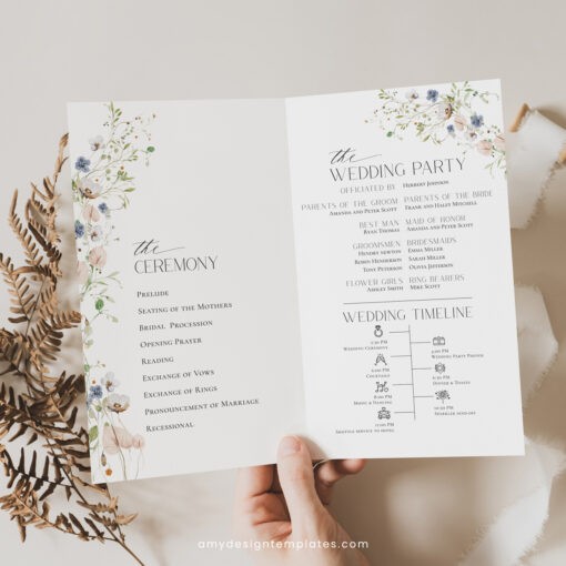 Wildflower Wedding Program Template, Modern Order of Service, Catholic Ceremony Editable, Wedding Ceremony Program Template D023