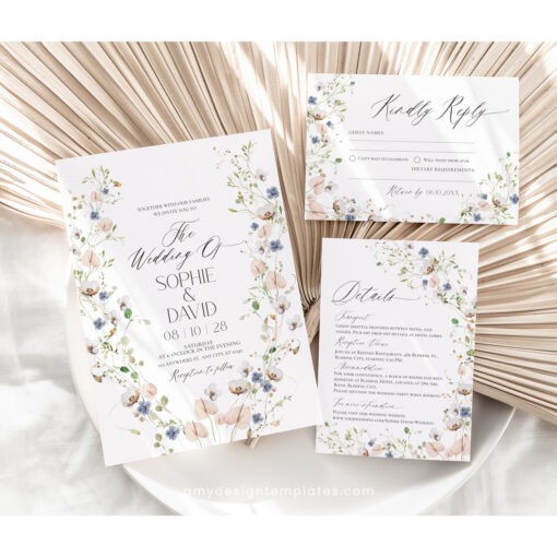 Wildflower Wedding Invitations Template, Botanical Wildflower Wedding Invitation Suite, Elegant Wildflower Save The Date Card Printable D023