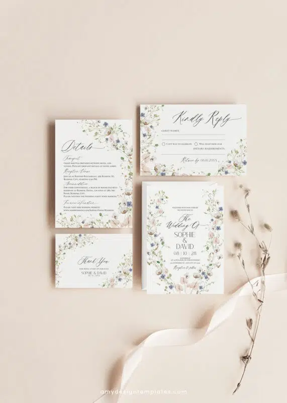 Wildflower Wedding Invitations Template, Botanical Wildflower Wedding Invitation Suite, Elegant Wildflower Save The Date Card Printable D023