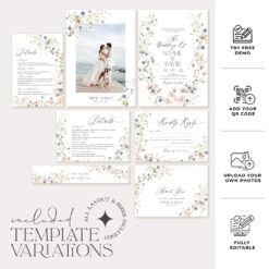 Wildflower Wedding Invitations Template, Botanical Wildflower Wedding Invitation Suite, Elegant Wildflower Save The Date Card Printable D023