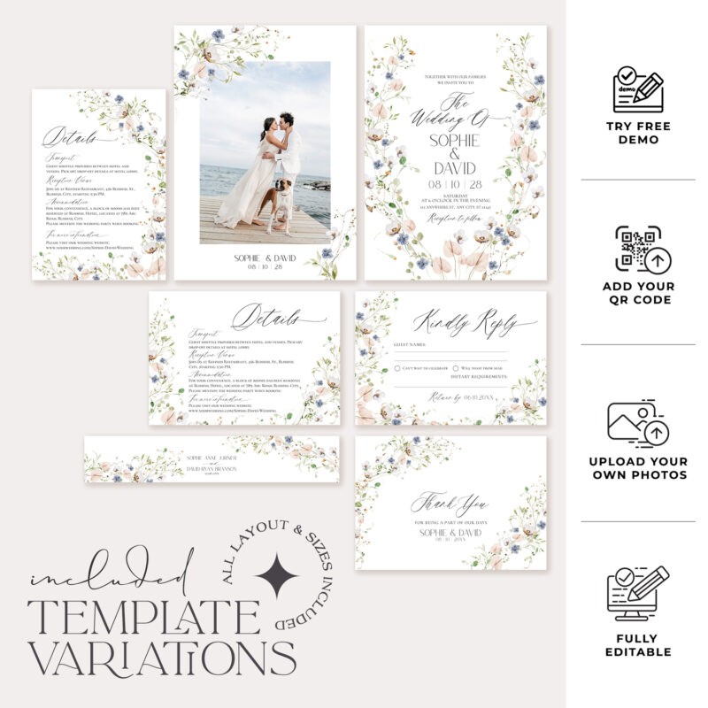 Wildflower Wedding Invitations Template, Botanical Wildflower Wedding Invitation Suite, Elegant Wildflower Save The Date Card Printable D023