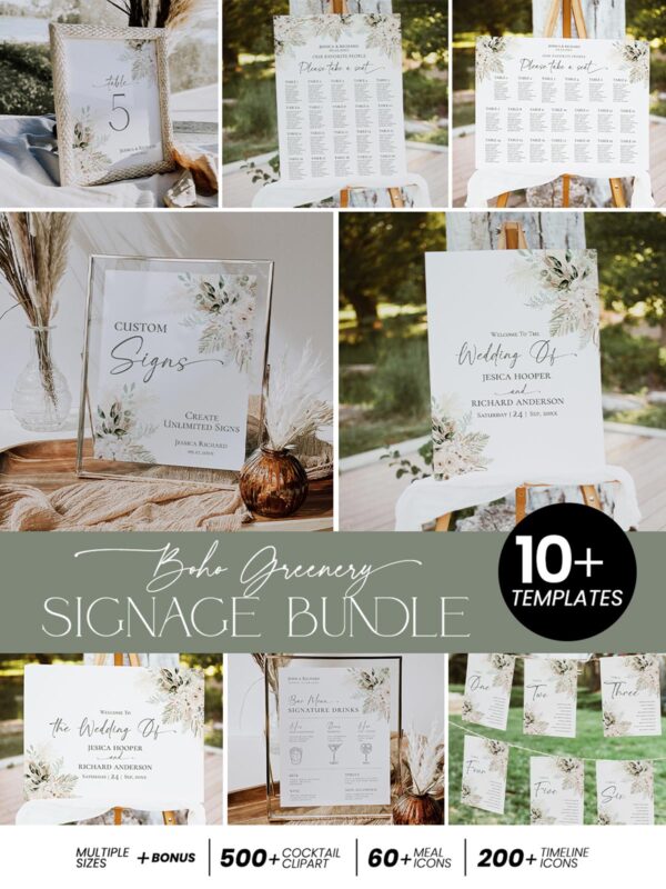 Boho Greenery Wedding Signage Template Bundle | Printable Reception Signs