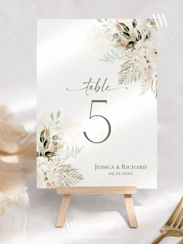 Boho Greenery Wedding Table Number Template | Table Numbers Card Printable