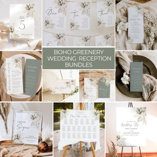 Boho Greenery Wedding Reception Templates Bundle