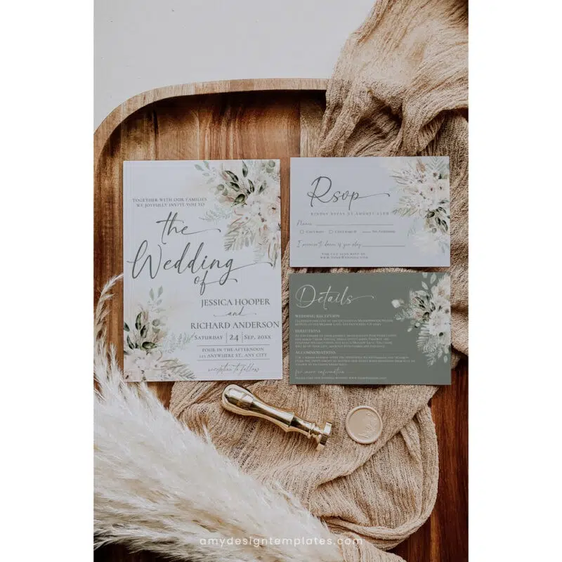Rustic greenery wedding invite suite with RSVP and wishing well card