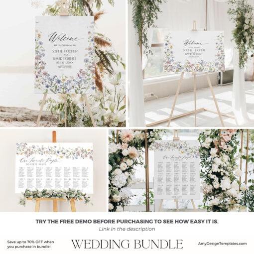 Wildflower Wedding Bundle Template, Meadow Wedding Bundle Template, Wedding Invitation Bundles, Floral Wedding Bundles Template D026