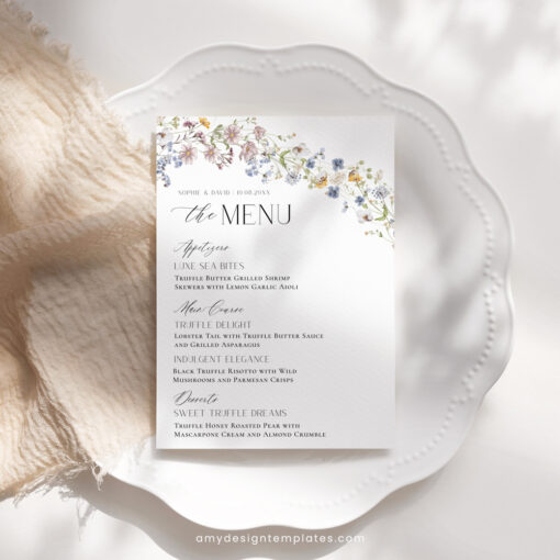 Wildflower Wedding Menu Place Card Template, Wildflower Shower Menu Cards Printable, Menu Card Template Editable Printable D026