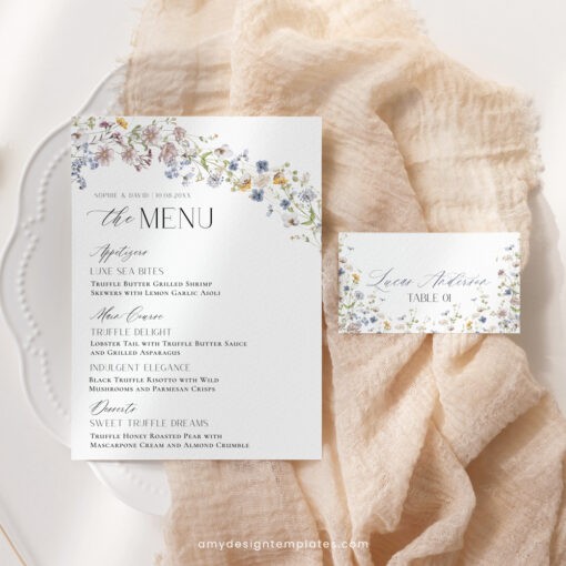 Wildflower Wedding Menu Place Card Template, Wildflower Shower Menu Cards Printable, Menu Card Template Editable Printable D026