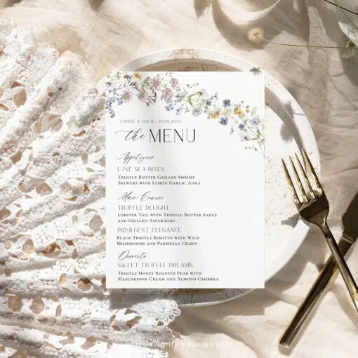 Wildflower Wedding Menu Place Card Template, Wildflower Shower Menu Cards Printable, Menu Card Template Editable Printable D026