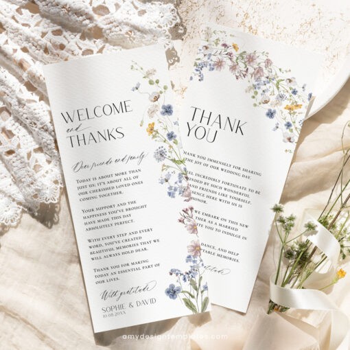 Wildflower Wedding Menu Thank You Napkin Note Place Card Template, Wildflower Shower Menu Template, Botanical Menu Cards Template D026