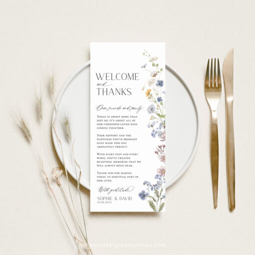 Wildflower Wedding Menu Thank You Napkin Note Place Card Template, Wildflower Shower Menu Template, Botanical Menu Cards Template D026