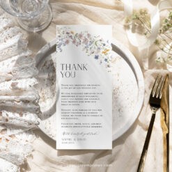 Wildflower Wedding Menu Thank You Napkin Note Place Card Template, Wildflower Shower Menu Template, Botanical Menu Cards Template D026