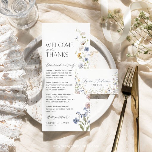 Wildflower Wedding Menu Thank You Napkin Note Place Card Template, Wildflower Shower Menu Template, Botanical Menu Cards Template D026