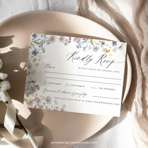 Wildflower Wedding RSVP Card Template, Botanical RSVP Card Printable D026 Amy Design Templates