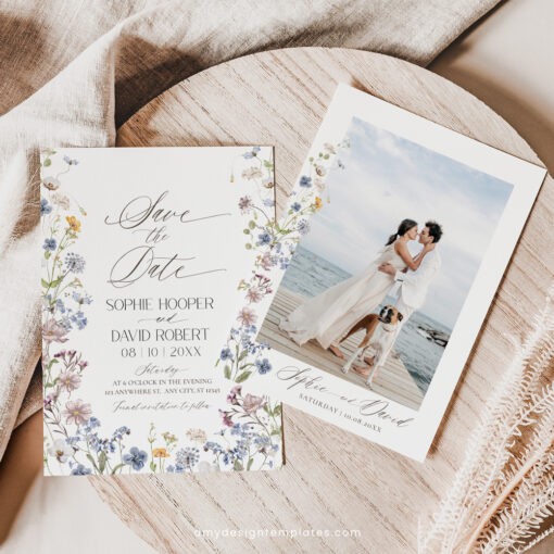 Wildflower Save The Date Card Template, Botanical Save The Date Evite, Floral Save The Date Cards Wedding Printables D026 Amy Design Templates