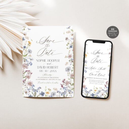 Wildflower Save The Date Card Template, Botanical Save The Date Evite, Floral Save The Date Cards Wedding Printables D026 Amy Design Templates