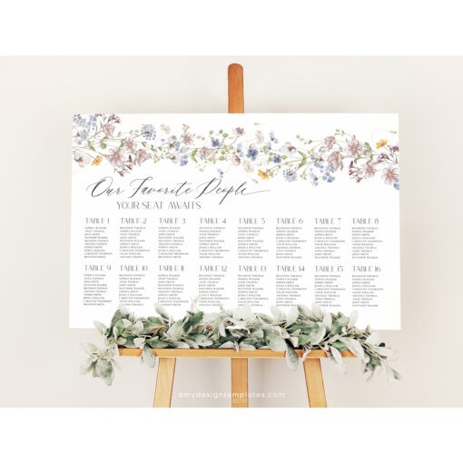 Wedding Seating Chart Sign Template, Table Seating Chart Sign, Botanical Wedding Seating Chart, Wildflower Seating Chart Sign D026 Amy Design Templates